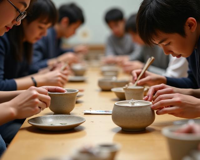 参加者が真剣な表情で陶器の修復作業に取り組んでいる金継ぎワークショップの様子